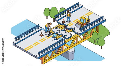 Bridge Construction and Repair: Workers and Machinery Fixing Damaged Roadway
