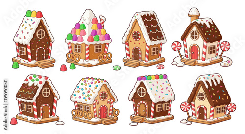 Festive Gingerbread Houses Collection, Decorated Christmas Sweets, Winter Holiday Food Art