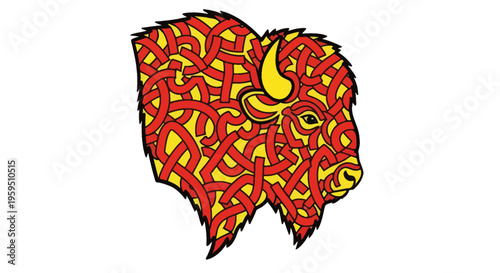 Celtic Bison Head Illustration - Red Yellow Knotwork Pattern Animal Art