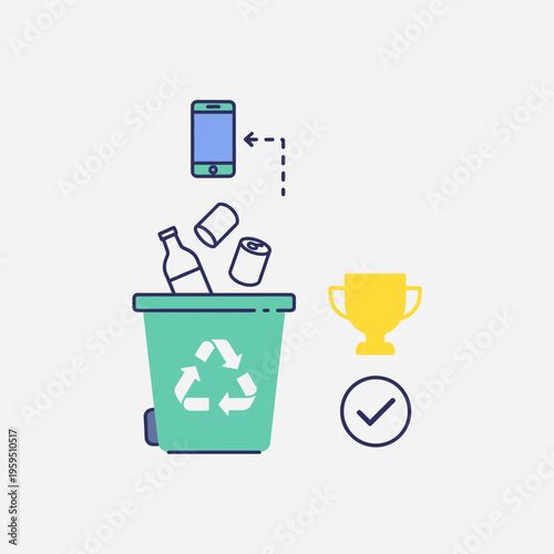 Recycling bin with plastic bottles, cans, and a smartphone above it.