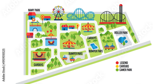 Amusement Park Map Illustration with Rides and Attractions
