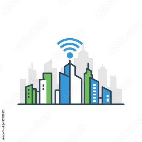 Illustration of a city skyline with a Wi-Fi signal above the tallest building.