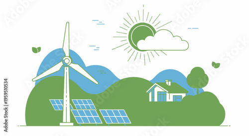 Eco friendly energy, renewable power, solar panels, wind turbine, green technology icons