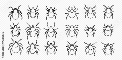 Collection of various tick line art icons for medical and pest control designs.