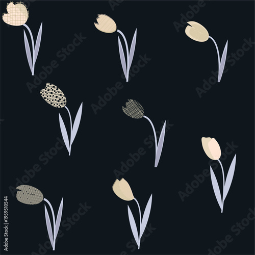 Black gray  beige floral pattern with tulips. Seamless naive  pattern on black. Vector drawing in kid girly style on black. 