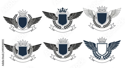 Heraldic Crests Collection: Shields, Wings, Crowns, and Ribbons - Vector Emblems
