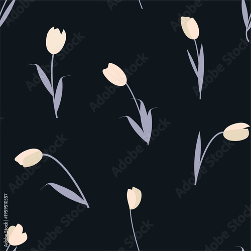 Black gray  beige floral pattern with tulips. Seamless naive  pattern on black. Vector drawing in kid girly style on black. 
