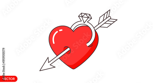 Red Heart Pierced by Arrow with Diamond Engagement Ring - Love Symbol