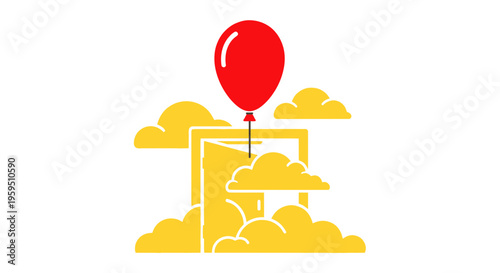 Red balloon floating out of a golden frame surrounded by clouds, symbolizing escape or breakthrough.