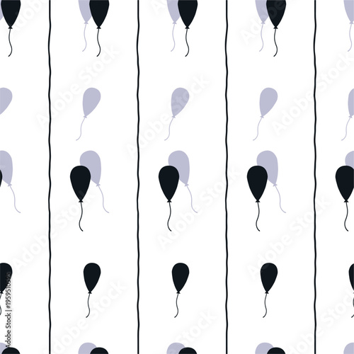 Black gray seamless naive balloons vector pattern on white. Drawing in kid girly style on white