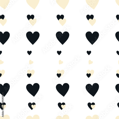 Black beige seamless naive  hearts vector pattern on white. Drawing in kid girly style on white