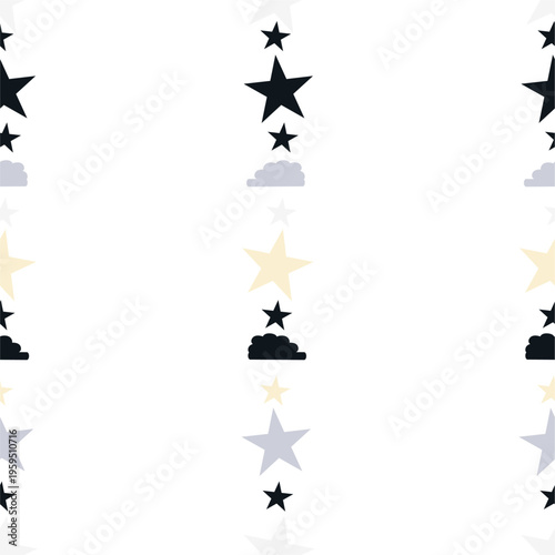 Black white seamless naive stars and clouds vector pattern on white. Drawing in kid girly style on white
