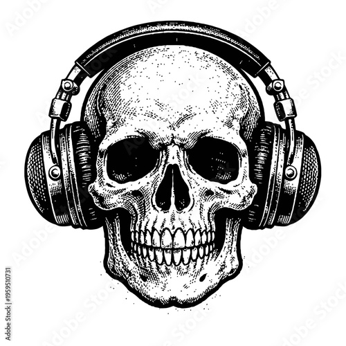 Detailed black and white engraving of a human skull wearing vintage headphones, perfectly blending macabre aesthetics with powerful music culture. This iconic illustration suits rock, metal, DJ, gothi