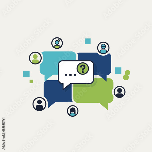 Multiple speech bubbles with icons of people and a question mark in the center.
