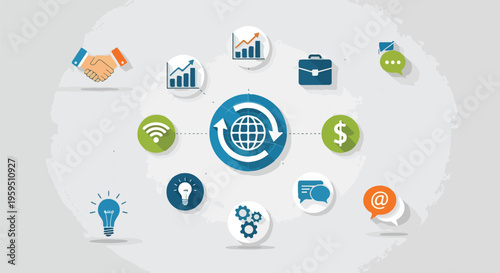 Colorful business and technology-themed diagram with various interconnected icons