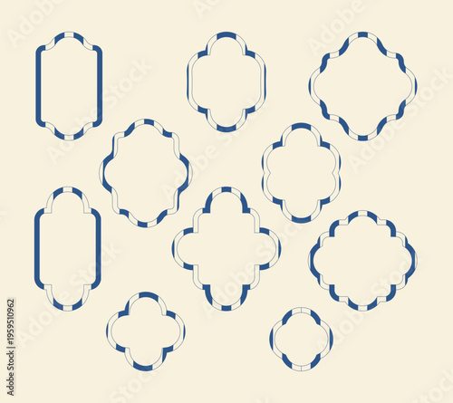 Set of decorative blue frames in different shapes with bold and striped lines. Elegant and minimal style with copy space. Perfect for invitations, cards, branding, labels and packaging.