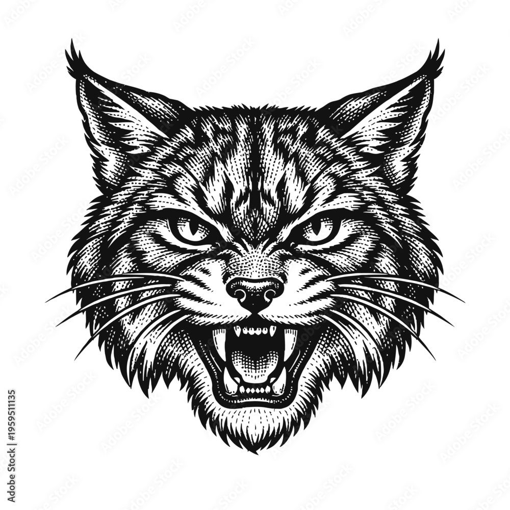 Obraz premium Intensely Fierce Bobcat Head Engraving, Strikingly Detailed Black and White Snarling Wildcat Illustration with Prominent Fangs and Whiskers, Embodying Raw Power and Aggression. A Perfect Piece for Vin