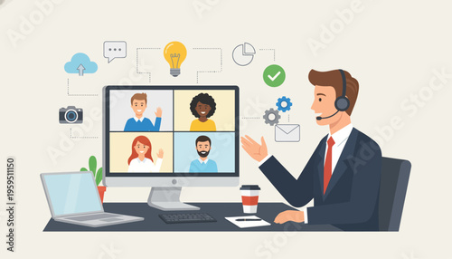 Man in business attire participates in virtual meeting with colleagues online