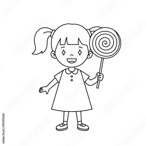 Little girl holding big lollipop sweet.