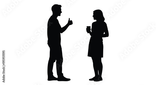 Silhouette of a man giving a thumbs-up gesture to a woman holding a coffee cup during a conversation.