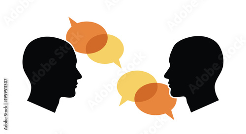 Silhouettes of two heads facing each other exchange overlapping speech bubbles illustrating dialogue or communication