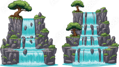 Cartoon waterfall landscape set with rocky cliffs cascading water and trees nature scenery vector illustration fantasy environment isolated design