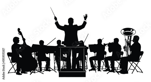 Dynamic silhouette of an orchestra and conductor performing classical music in a captivating live setting.