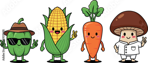 Cute cartoon vegetable characters set including corn carrot mushroom and pepper with funny faces kawaii style colorful vector illustration isolated