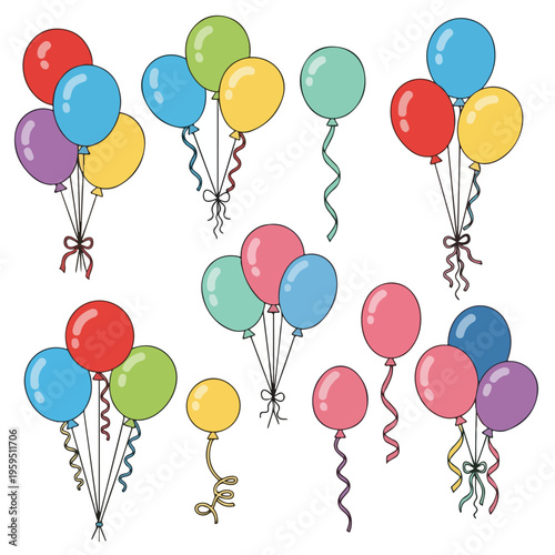 Colorful, cartoon-style illustrations of various balloon bouquets and singles