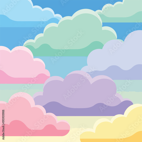 Colorful, cartoon-style sky scene with various pastel-colored cloud shapes