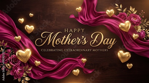 A Mother's Day floral arrangement with golden hearts and a pink silk fabric, conveying a message of love and appreciation. The image is elegant and celebratory.