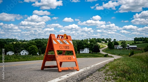 Vibrant orange road closed barrier on a quiet country lane, alerting travelers to an impassable path amidst green landscape