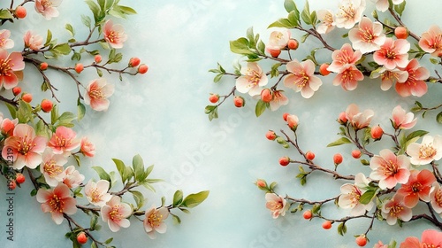 Wallpaper Mural Blossoming peach flowers with green leaves and buds on branches against a soft blue background floral decoration nature design element Torontodigital.ca