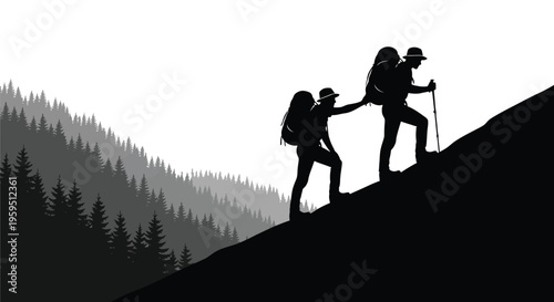 Adventurous hikers in silhouette navigating a steep mountain slope, demonstrating mutual support and determination.