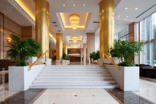 Elegant VIP Entryway with Grand Marble Staircase and Golden Accents in Luxury Hotel Lobby