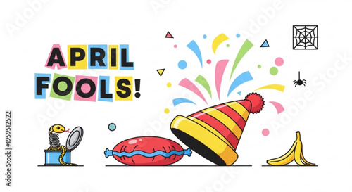 April fools' day celebration with colorful party hat prank food and funny objects on white background