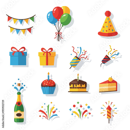 Colorful celebration icons, including balloons, gifts, and a party hat
