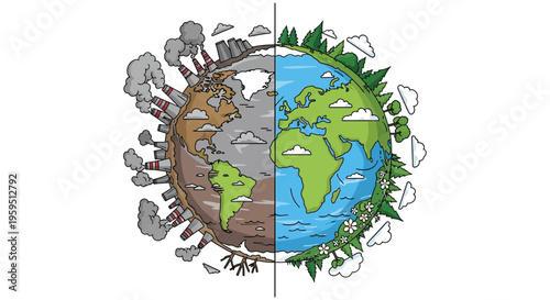Contrasting depiction of Earth showing environmental pollution beside a healthy natural ecosystem