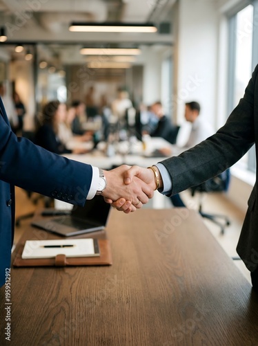 Close-up of two professionals shaking hands across an office desk, only hands and arms visible, blurred office background, natural lighting, professional corporate mood, no faces