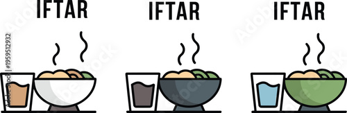 Islamic iftar meal flat vector illustration set featuring food bowls and water for ramadan fasting and religious traditions.