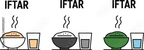 Islamic iftar meal flat vector illustration set featuring food bowls and water for ramadan fasting and religious traditions.