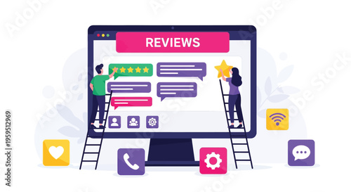 Team working together to manage and optimize online customer reviews and star ratings system.
