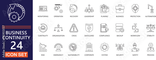 Editable line icons of business continuity, statistics, optimization, saving,  graphic, cost,  and various icon 