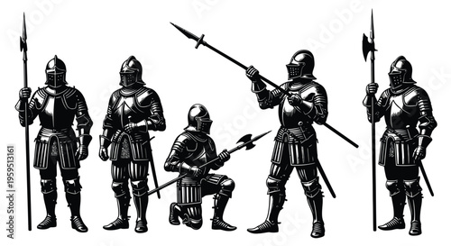 A detailed collection of five medieval knights in full plate armor holding various historical weapons