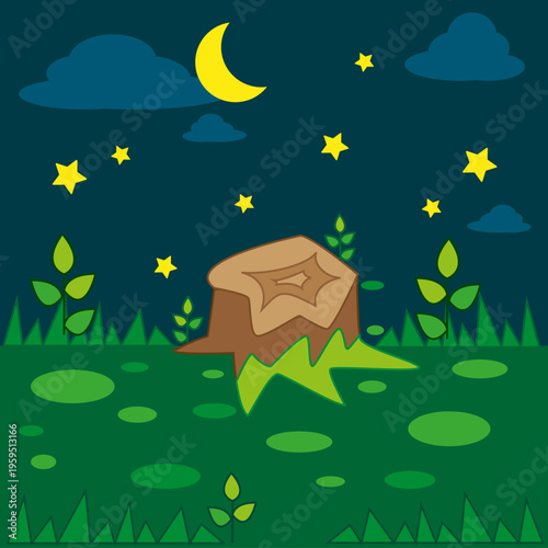 Whimsical drawing of a cute cartoon tree stump in a dark forest clearing under a spectacular starry night sky with a crescent moon. Enchanting vector graphic suitable for bedtime stories, magical bran