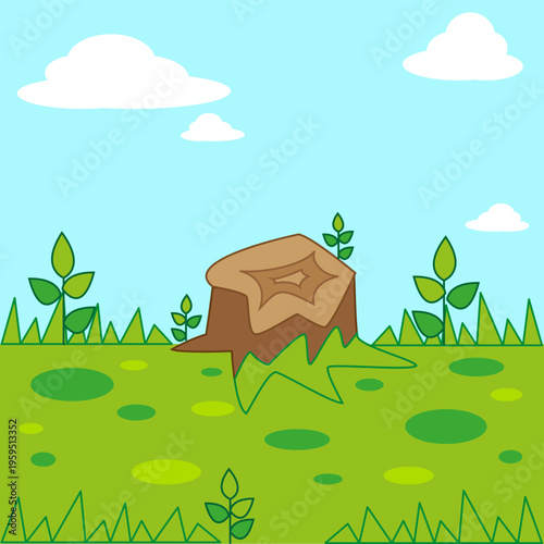 Charming illustration of a simple cartoon tree stump resting on a lush green lawn dotted with tiny daisies under a bright sunny sky. Perfect for children's books, park signage, or cheerful nature-them