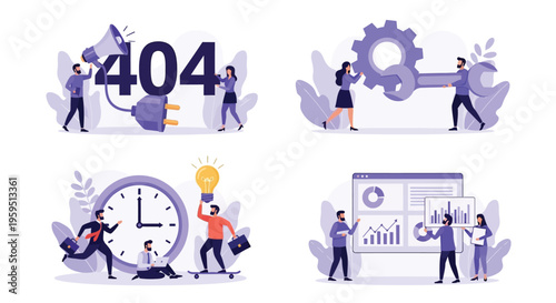 Business concept illustration showing team problem solving error correction time management and analysis