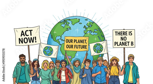 Diverse young activists marching for environmental protection and climate action with protest signs.