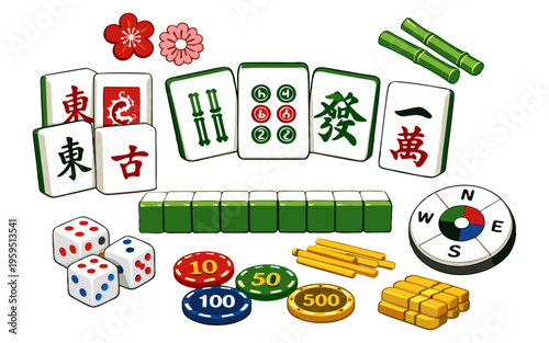 A set of tiles and accessories for the traditional Chinese game, Mahjong.