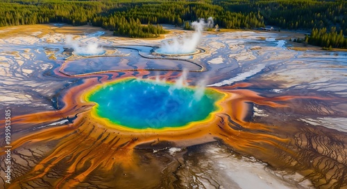 Main Subject: The Grand Prismatic Spring, the largest hot spring in the United States.